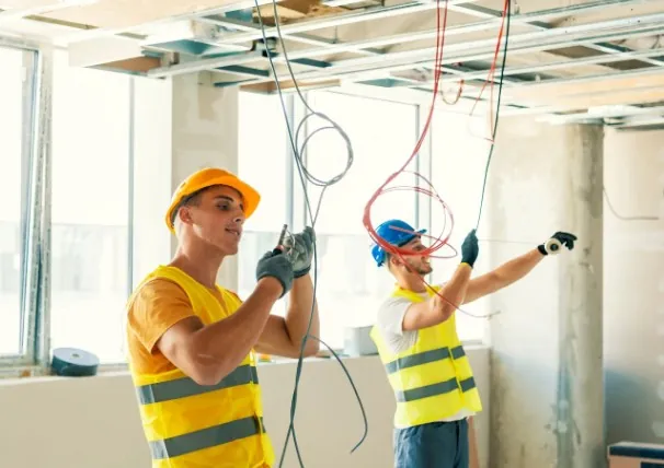 Dos electricistas con casco y chaleco tendiendo cableado en un local en obra en Málaga