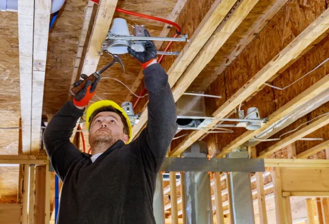 Electricista con casco tendiendo el cableado del techo en una obra nueva